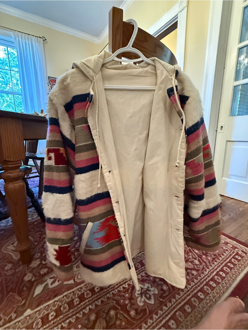Cream Hooded Southwestern Stripe Coat - Women's Jacket slight tear on shoulder